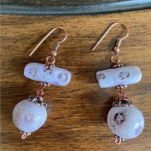 Handcrafted Copper Tone Dusty Lavender Stone 
Drop Earrings 2 1/2”